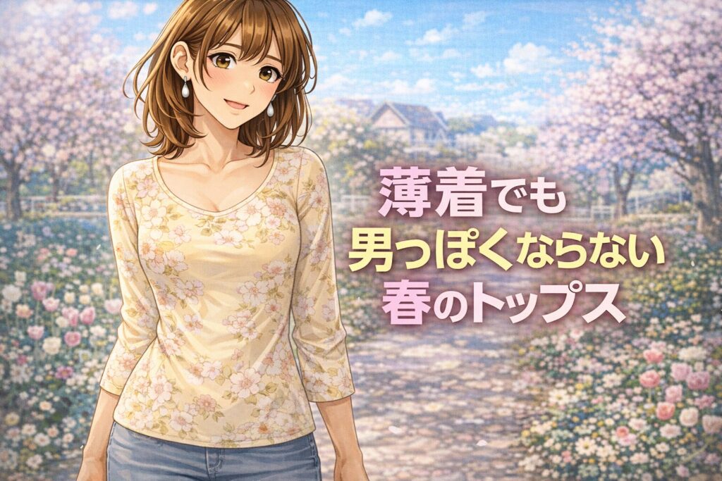 春の女装トップスで、薄着でも男っぽく見えにくい考え方を解説する記事のトップ画像