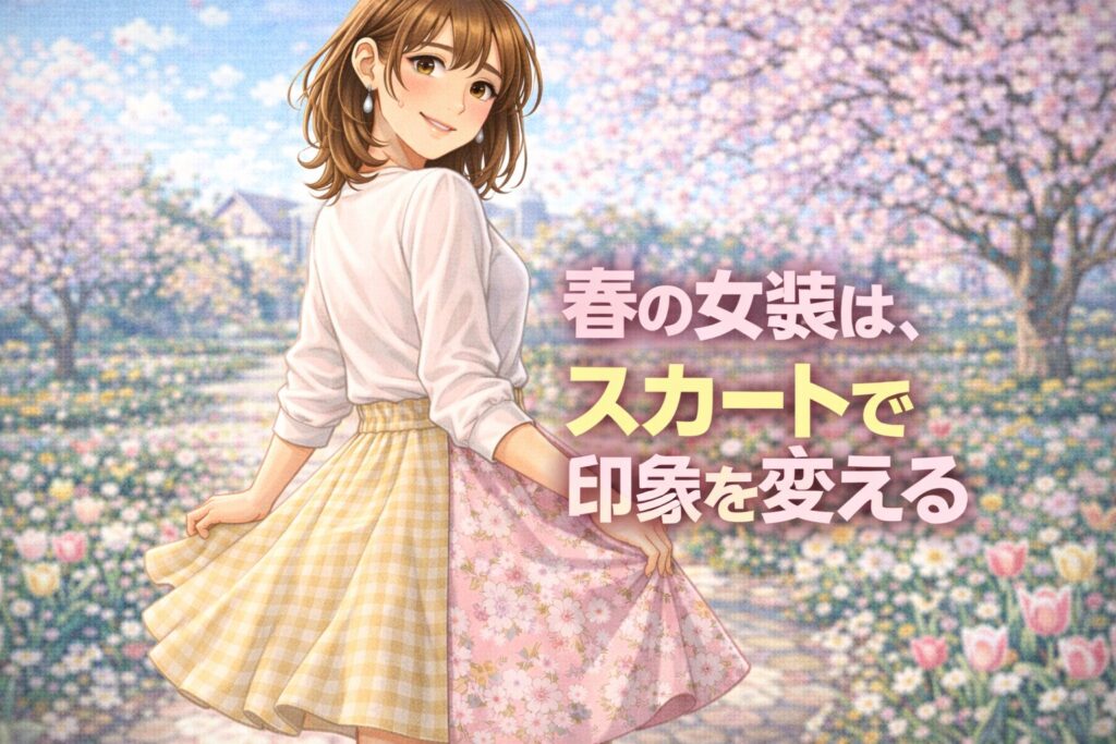 春の女装コーデで、スカートを使って下半身に動きを出している女装男子の全身イメージ