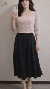 淡いピンクのトップスに、チャコールグレーのロングスカートを合わせた女装コーデ。色を抑えたスカートが全体をまとめ、落ち着いた印象になっている。