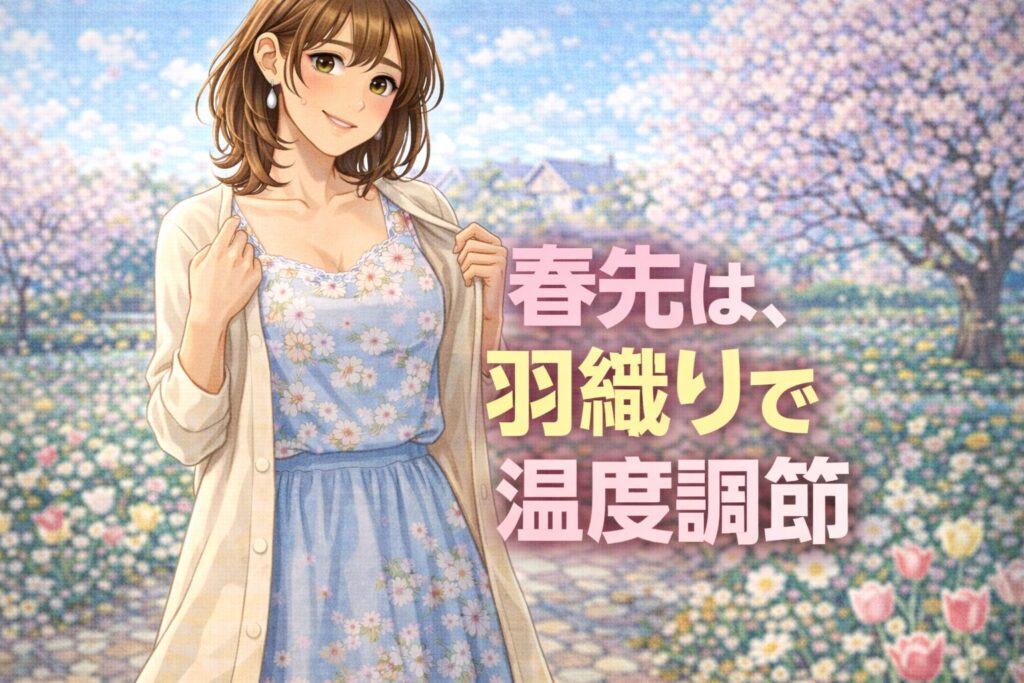 春先の街中で羽織りを使い分ける女装男子。薄手のコート、カーディガン、シャツで温度調整している様子。