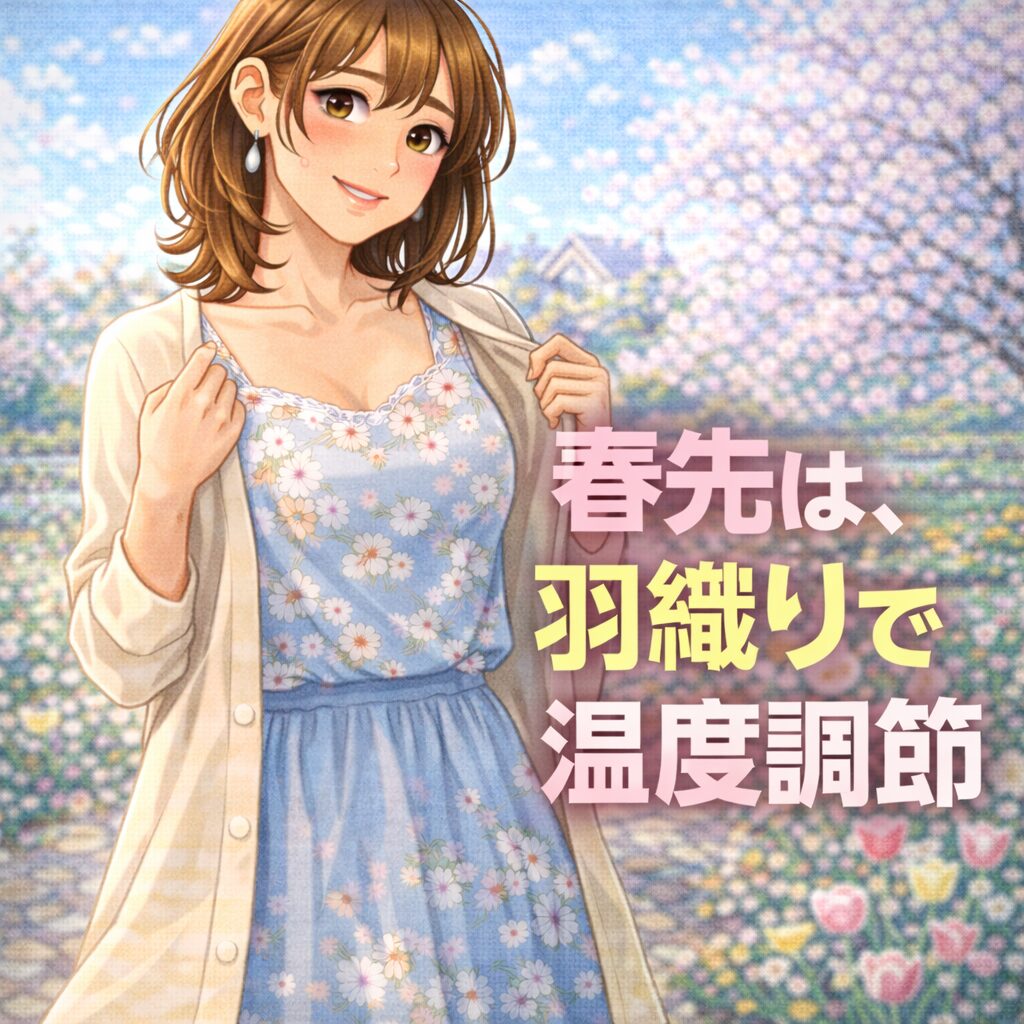 春先の街中で羽織りを着た女装男子。 カーディガンやシャツで軽く温度調整している春の装い。
