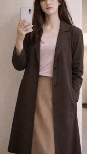春先の街中を歩く女装男子。チャコールグレーの薄手コートを着用し、中の春らしい服装を静かにまとめている。