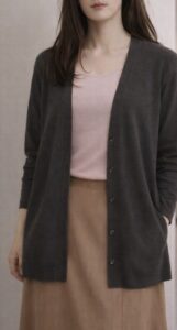 春先の街中で、チャコールグレーのカーディガンを前を開けて羽織っている女装男子。軽い羽織りで、外と室内を行き来しやすい装い。