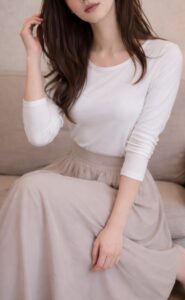 白いトップスに淡い色のスカートを合わせた春の女装コーデ。ボトムスだけに春色を使い、全体を穏やかにまとめている。