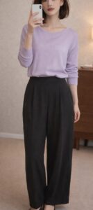 ラベンダー色のトップスに黒のボトムスを合わせた春の女装コーデ。トップスだけに春色を使い、全体を落ち着かせている。