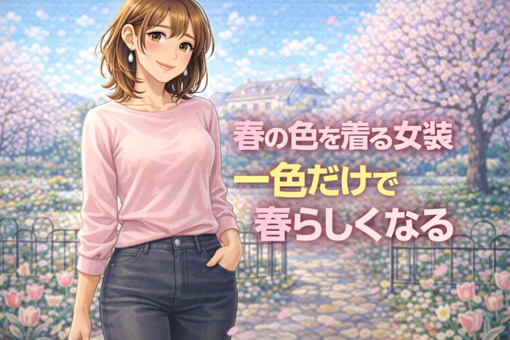 春色を一色だけ取り入れた女装スタイル。 明るい色を一点使い、全体を落ち着いた配色でまとめている春の装い。