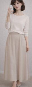 淡いベージュのスカートを取り入れた春の女装スタイル。 やさしい色合いで落ち着いた印象