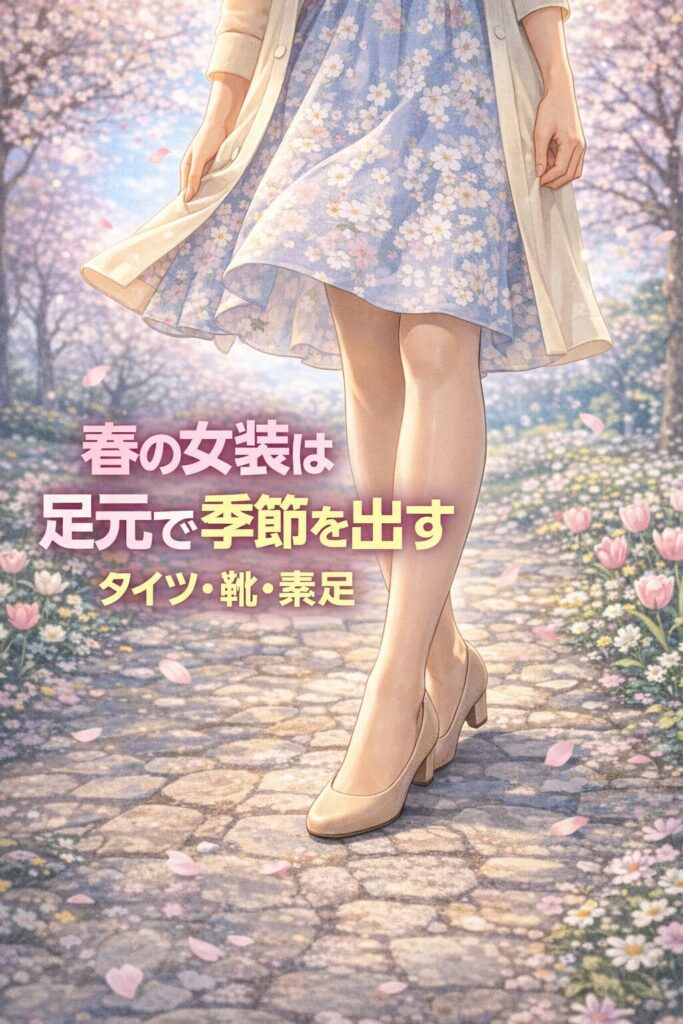 春の服装で、タイツと靴の組み合わせを確認している女装男子の足元イラスト