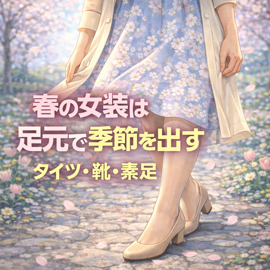 春の女装で、タイツと靴の見え方を意識した足元のイメージイラスト
