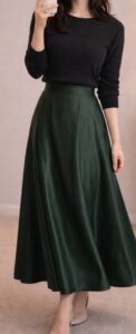 春の女装ファッション|黒トップスとグリーンロングスカートのコーデ例