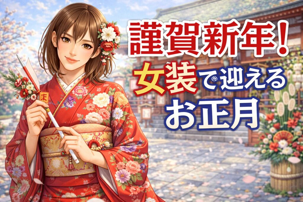 正月コーデをしている女装男子のイラスト