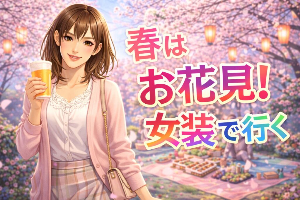桜満開の花見スポットで花見をしている女装男子