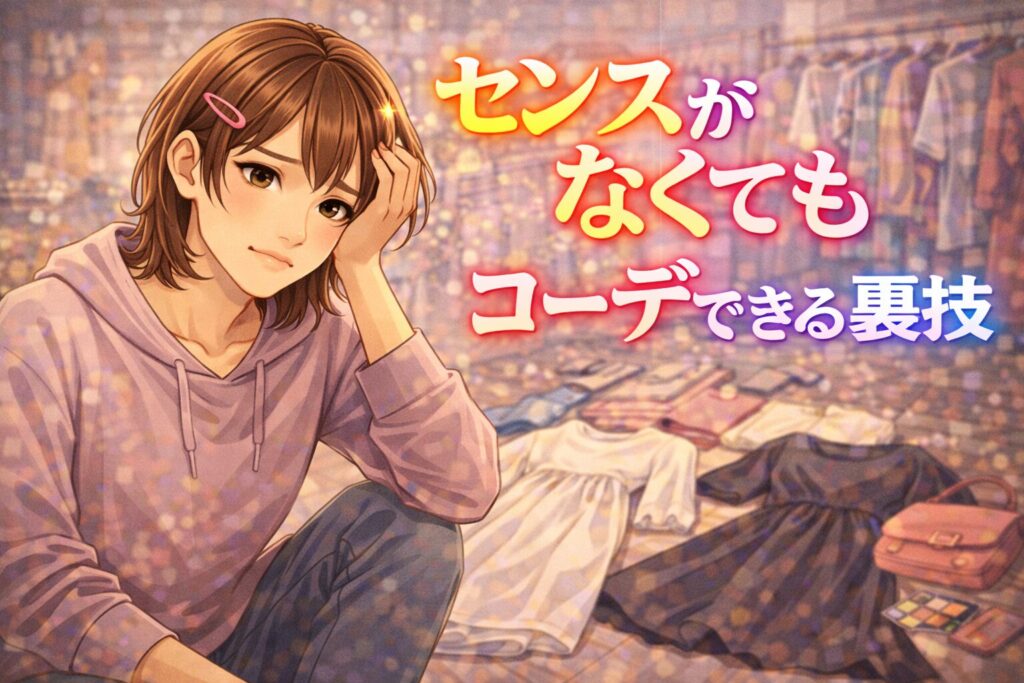 ファッションセンスがなくて、コーディネートに困ってしまってる女装男子のイラスト