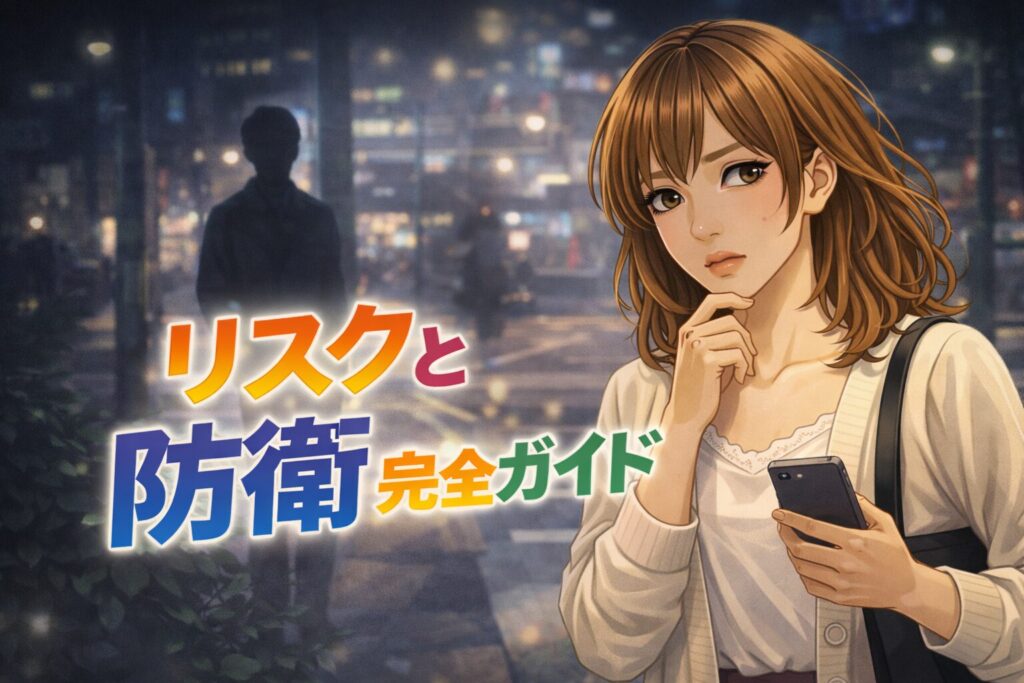 女装男子が街中で少し警戒しながら立つイラスト｜女装のリスクと防衛をテーマにした現実管理ガイドのビジュアル