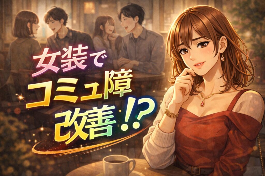スカートを穿いたらコミュ障が改善した体験談｜女装でコミュニケーション力を鍛える方法を描いた女装男子イラスト