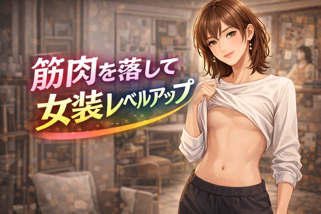 女装男子が全身鏡の前で体のラインを確認しているイラスト｜筋肉を減らして女子シルエットを目指すイメージ