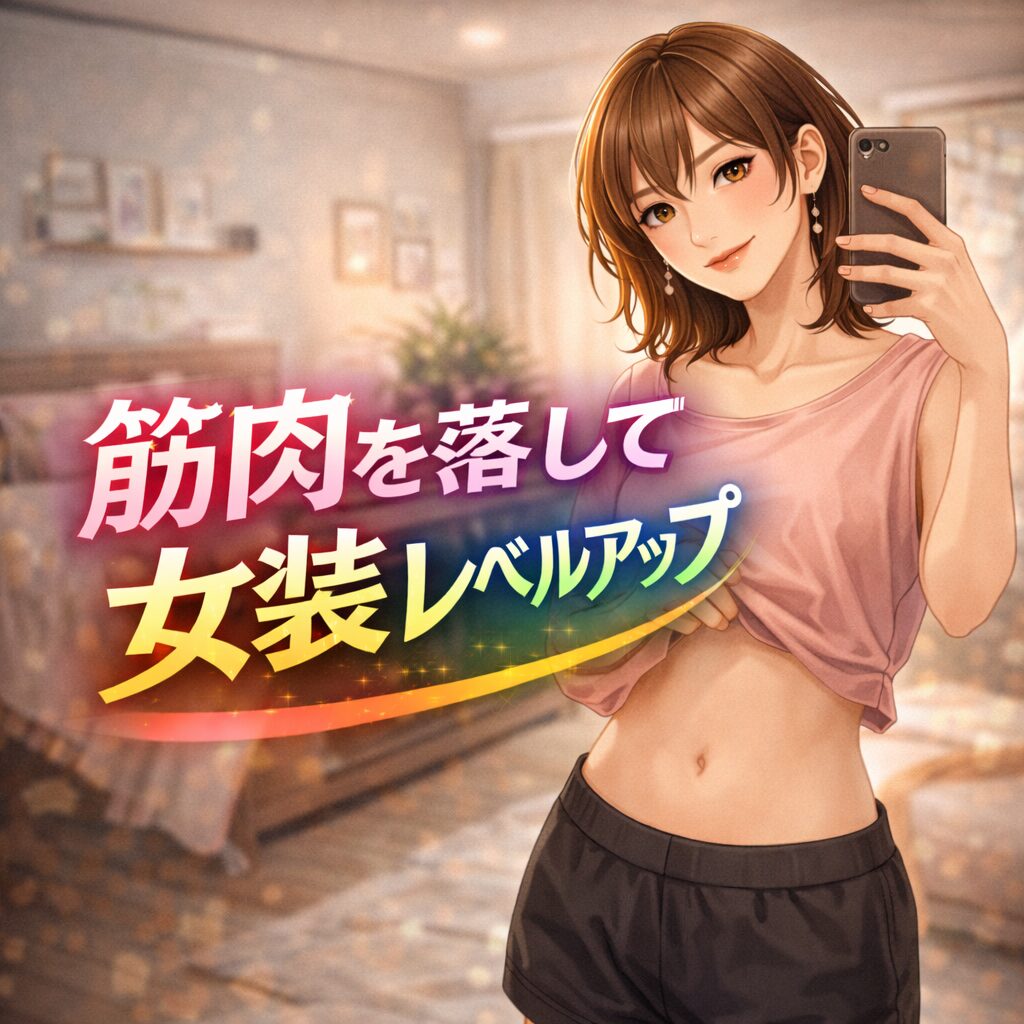 肩と腕のラインを気にする女装男子のイラスト｜女装で男が出る筋肉を抑える考え方