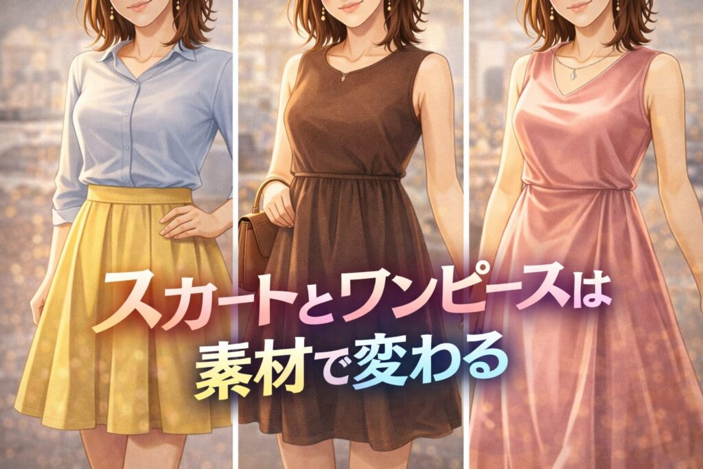 女装ファッションは素材で変わる|布の落ち方と光り方の違いを解説する美しい女装男子イラスト