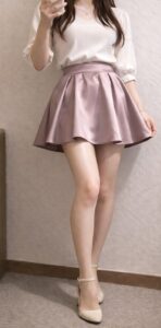 女装サテン素材スカート例|光沢が太ももの線を強調するミニ丈