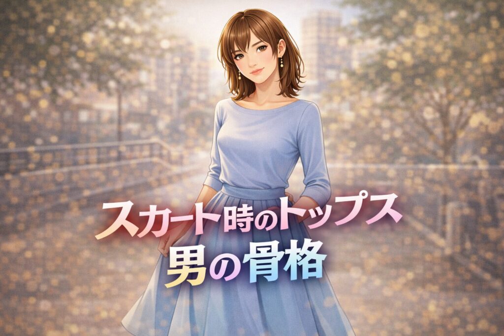 女装スカートを成立させるトップスの選び方|首元・肩・丈の整え方を解説する美しい女装男子イラスト