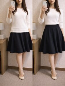女装スカートコーデ トップス丈の比較 長め丈とウエストにかかる丈 腰位置の違い