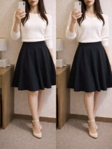 女装スカートコーデ ジャスト肩線とドロップショルダー比較 肩幅の出方