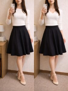 女装スカートコーデ 丸首とVネックの比較 首元の線の違い