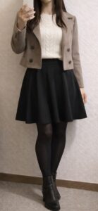 ベージュのショート丈ジャケットとアイボリーニット、黒フレアスカート、黒タイツ、黒ショートブーツを合わせた冬の女装スカートコーデ。重心を上げた例。