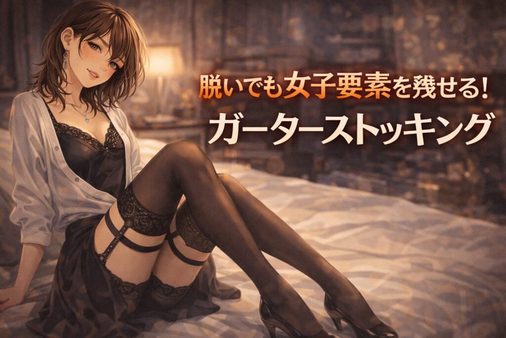 女装男子がガーターベルトとガーターストッキングを着用したイラスト|下半身の女子ラインを作るランジェリー