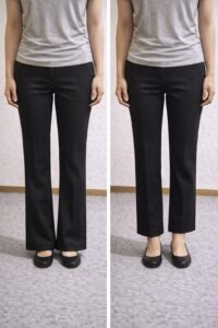 女装パンツの裾の長さによる見え方の違い。靴にかかる長さと足首が見える長さの比較