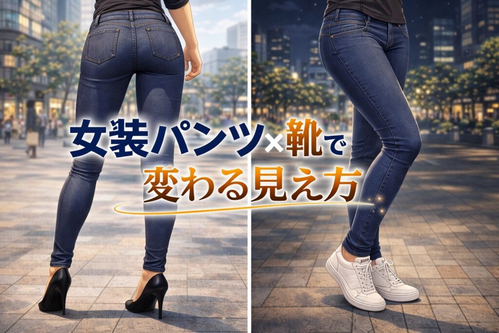 女装パンツと靴の組み合わせで脚の見え方が変わる比較。裾の長さと靴の色の違いで印象が変わる例