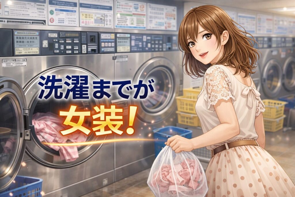 女装でコインランドリーに来た男子が衣類を洗濯している様子｜下着や服を人目を避けてケアするシーン