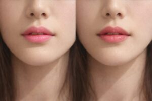 真ん中に自然な血色を残したリップの口元。塗りすぎず、やわらかく仕上げた例
