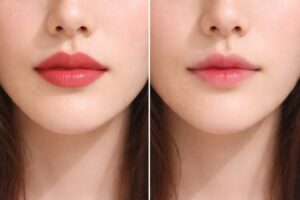 全体に塗ったリップと真ん中だけに塗ったリップの比較。左は口のふちがはっきり見え、右は血色だけが足されている