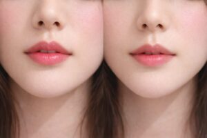 ツヤのあるピンクリップの比較。左は広く塗って口元が目立ちやすく、右は範囲を絞って自然に見えやすい例