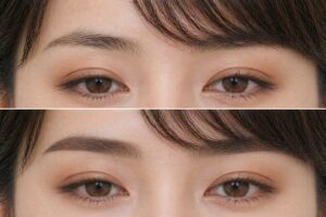 眉ペンシルで眉尻と足りない線を整えた比較写真。上は眉尻が薄くばらついた眉、下はペンシルで形の流れと終わりを補った状態。