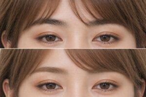 明るいブラウンのウィッグに合わせて眉色を調整した比較写真。上は眉の黒さが残った状態、下は眉色をやわらげて髪色との差を少なくした状態