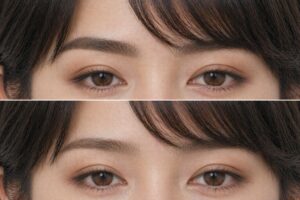 眉頭を濃く描きすぎた状態と、眉頭を薄くぼかした状態の比較写真。上は眉頭が黒く詰まって見え、下は眉頭の境界を弱めて自然に見せている