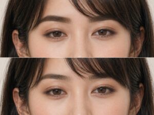 眉を太く描き足した状態と、元の眉の太さを足さずに整えた状態の比較写真。上は眉の面積が増えて目立ちやすく、下は元の眉幅の中で濃さと形を整えている。