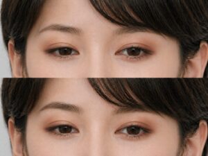 眉尻を描いて整えた状態と、眉尻を描いていない状態の比較写真。上は眉の終わりが薄く、下は眉尻を足して眉全体の流れが見えやすくなっている