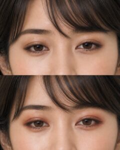 薄いブラウンのアイシャドウを塗った目元と、赤みブラウンのアイシャドウを塗った目元を上下に並べた比較写真。赤みブラウンのほうがまぶたに血色が出て、目元の色が分かりやすく見える