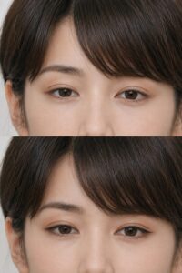 アイラインを入れる前と、ブラウンのアイラインを目のふちに細く入れた後の目元を上下で比較した写真。下の写真は目尻とまつ毛の根元が少し締まって見える