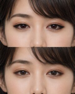 黒のアイラインとブラウンのアイラインを上下で比較した目元の写真。上は黒のラインで目尻の線がはっきり見え、下はブラウンのラインで目尻がやわらかく自然に見える
