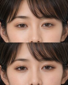 アイラインを入れていない目元と、目尻側にブラウンのアイラインを短く入れた目元を上下で比較した写真。下の写真は目尻が少し外側に伸びて、目元の横幅が出て見える