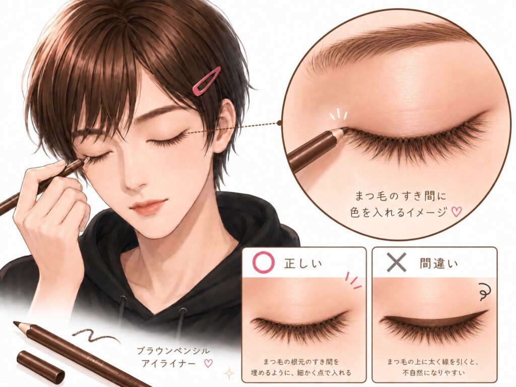 ブラウンのペンシルアイライナーで、まつ毛のすき間に色を入れる方法を説明したイラスト。まつ毛の根元に細く色を入れる例と、まつ毛の上に太い線を描く例を比較している。