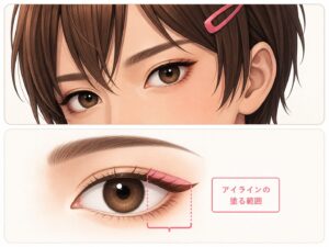 アイラインを入れる範囲を示したイラスト。黒目の外側から目尻までの部分に色が入っており、目頭側まで無理にアイラインを入れない使い方を説明している