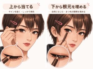アイライナーをまつ毛の上側から当てる方法と、まつ毛の下側から根元を埋める方法を比較したイラスト。上から当てる方法はラインを描く例、下から入れる方法はまつ毛のすき間に色を入れる例として示している