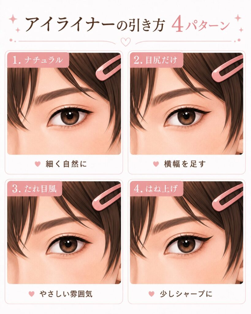 アイライナーの目尻の引き方を4パターンで比較したイラスト。細く自然に入れるナチュラル、目尻だけ伸ばして横幅を出す形、やさしい雰囲気に見えるたれ目風、少しシャープに見えるはね上げを並べている