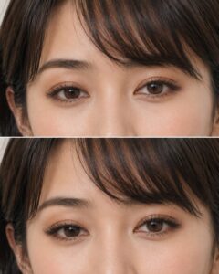上下で比較した目元の写真。上はマスカラをした状態で、まつ毛が自然に長く見えている。下はつけまつげをした状態で、まつ毛の長さ・濃さ・存在感がより強く出ている