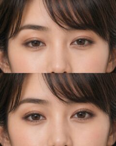 マスカラをしていない目元と、マスカラを塗ってまつ毛を上向きに見せた目元の比較写真。上は自然で控えめな印象、下はまつ毛が見えやすくなり目元が少しはっきりしている